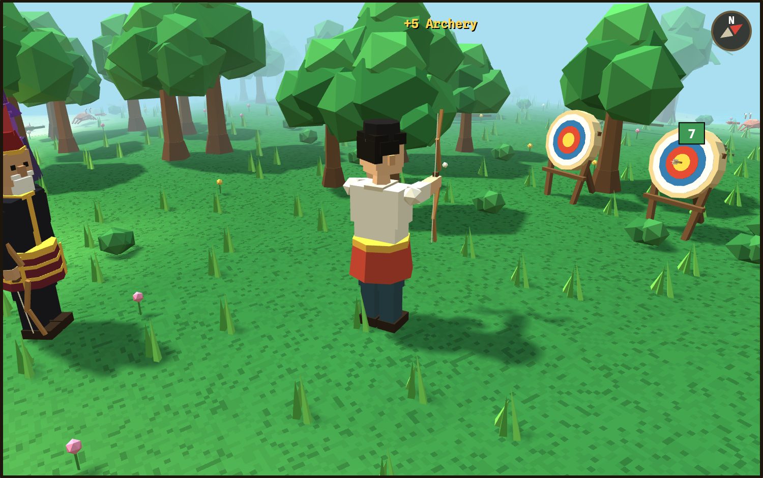 The player drawing a bamboo bow at the range, with three painted straw targets in the clearing.