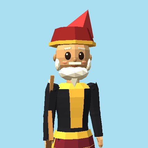 Tok Ali: an elderly archer with a white beard, a red headcloth, black clothes with gold trim, and a bamboo bow at his side.
