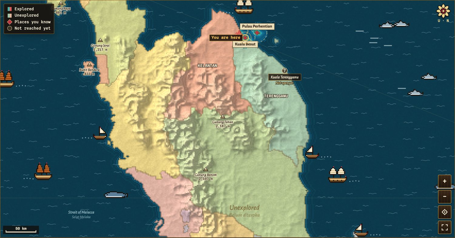 The east side of the peninsula zoomed in: Kelantan in pink, Terengganu in teal, Pahang in green and Perak in yellow, with rugged shaded relief and contour lines; Gunung Tahan and Gunung Benom marked with small mountain symbols and their heights; Kuala Besut and Pulau Perhentian explored at the top; and junks, sailing ships and whales offshore.