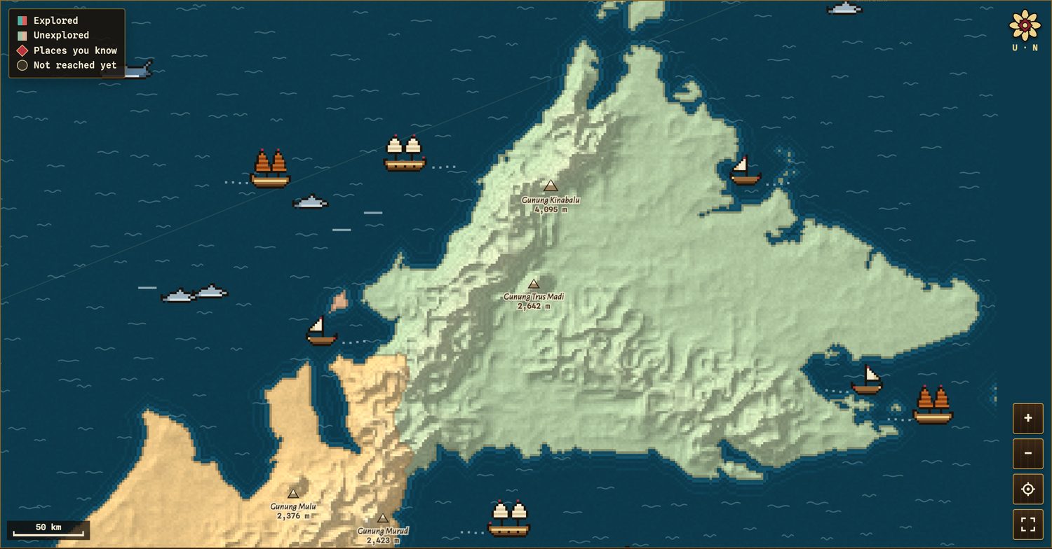 Sabah zoomed in, in pale green with the Crocker range rising to Gunung Kinabalu, marked 4,095 m, and Gunung Trus Madi; Sarawak in pale orange to the south-west with Gunung Mulu and Gunung Murud; a whale, dolphins, a junk, sailing ships and perahu in the sea to the north-west.