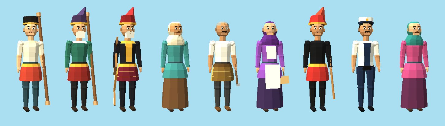 Nine low-poly characters standing in a row against a pale blue background: the player with a staff, Guru, Tok Ali with a bow, Mak Long Esah, Pak Mat, Mak Jah in an apron with a fan, Abang Zul with a rattan stick, Encik Rahman in his peaked cap, and Kak Yah.