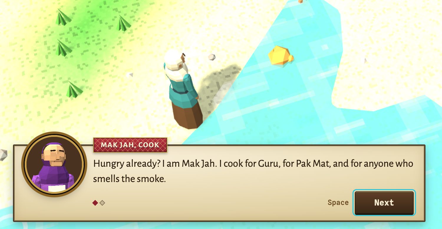A parchment dialogue box over the beach: a round brass-framed portrait of Mak Jah in her purple headscarf, her name on a red songket plate, her first line of dialogue, two page diamonds and a Next button.