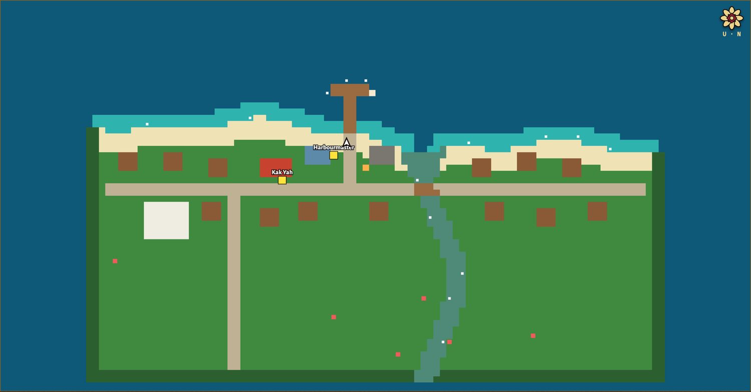 The This area view of Kuala Besut: the town drawn large in the minimap's colours, with the jetty, the river, the road, red-roofed houses, Kak Yah and the Harbourmaster named over yellow markers, crabs as red dots and a white arrow for the player.