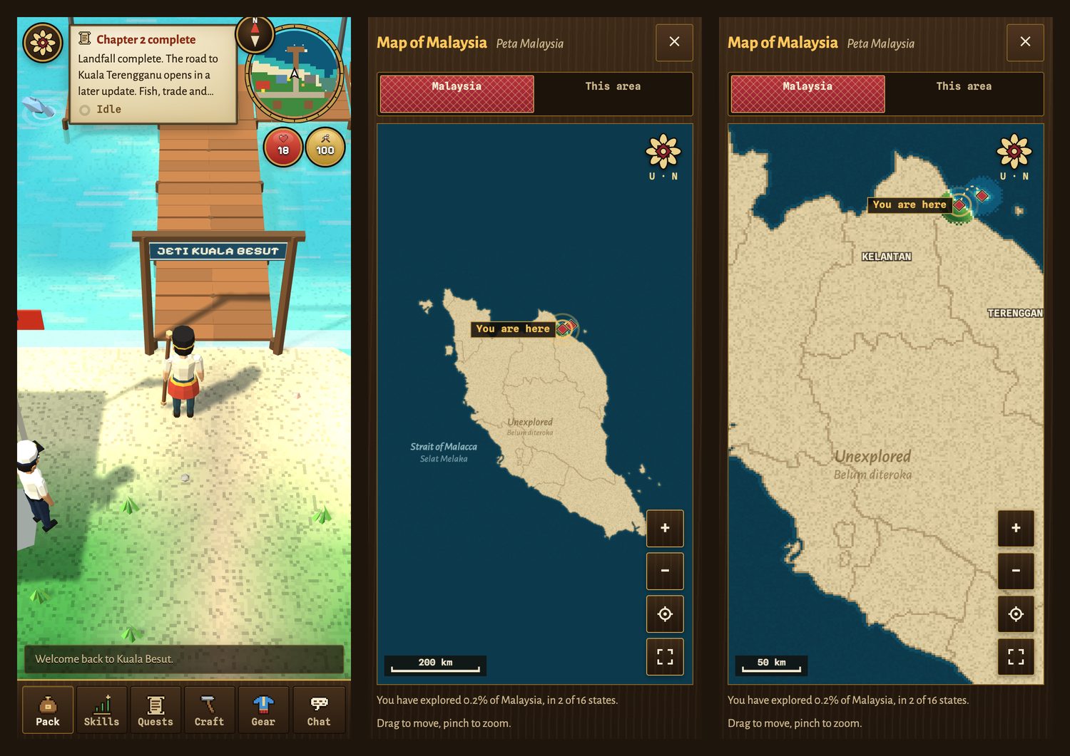 Three phone screens: the game at the Kuala Besut jetty with the minimap at the top right; the map of Malaysia opened from it, showing the peninsula; and the same map zoomed in on the explored coast.